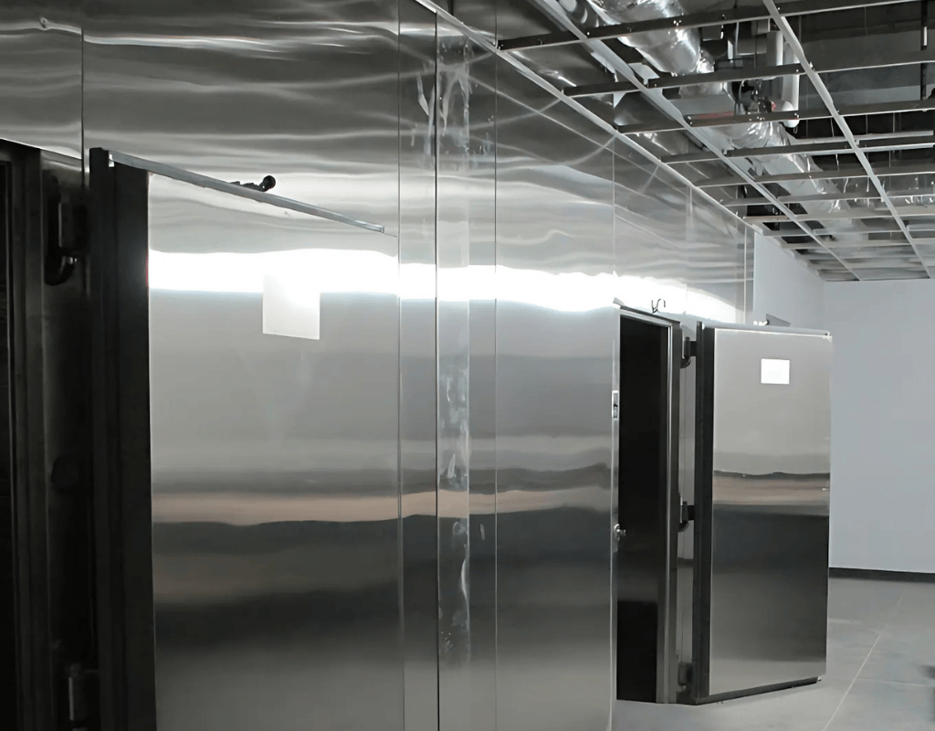 Stainless steel insulated panel walk-in cooler box with open door in a Southern New England commercial kitchen.