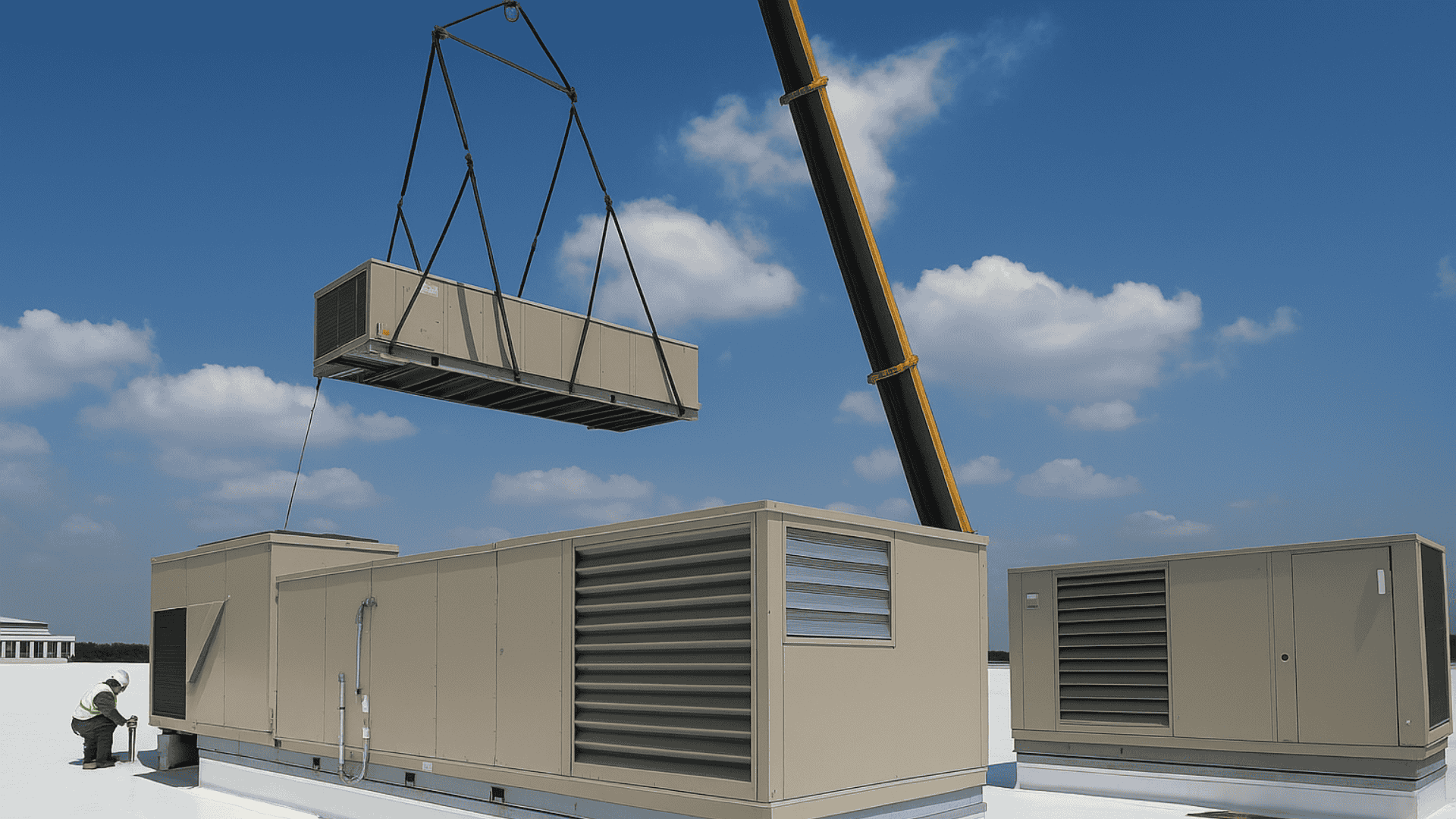 A rooftop crane lifting a large packaged HVAC unit into place beside existing rooftop air handlers under a blue sky.