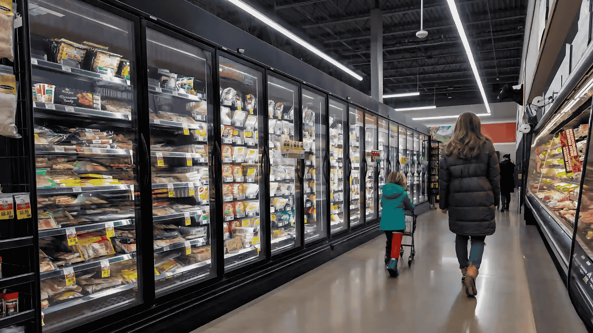 A supermarket wall of upright glass-door freezers filled with chilled food and beverage products.