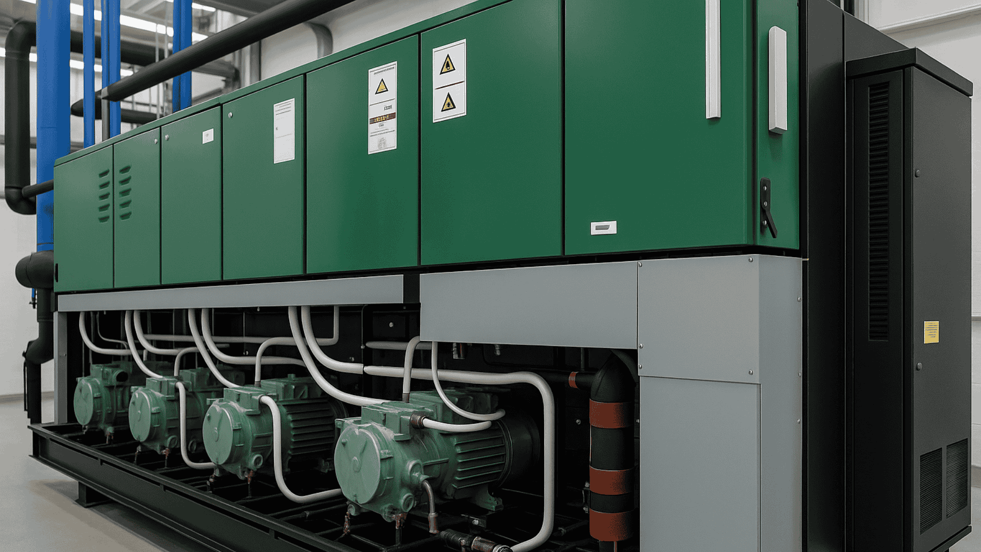 An industrial refrigeration skid with green compressors and insulated piping installed in a facility.