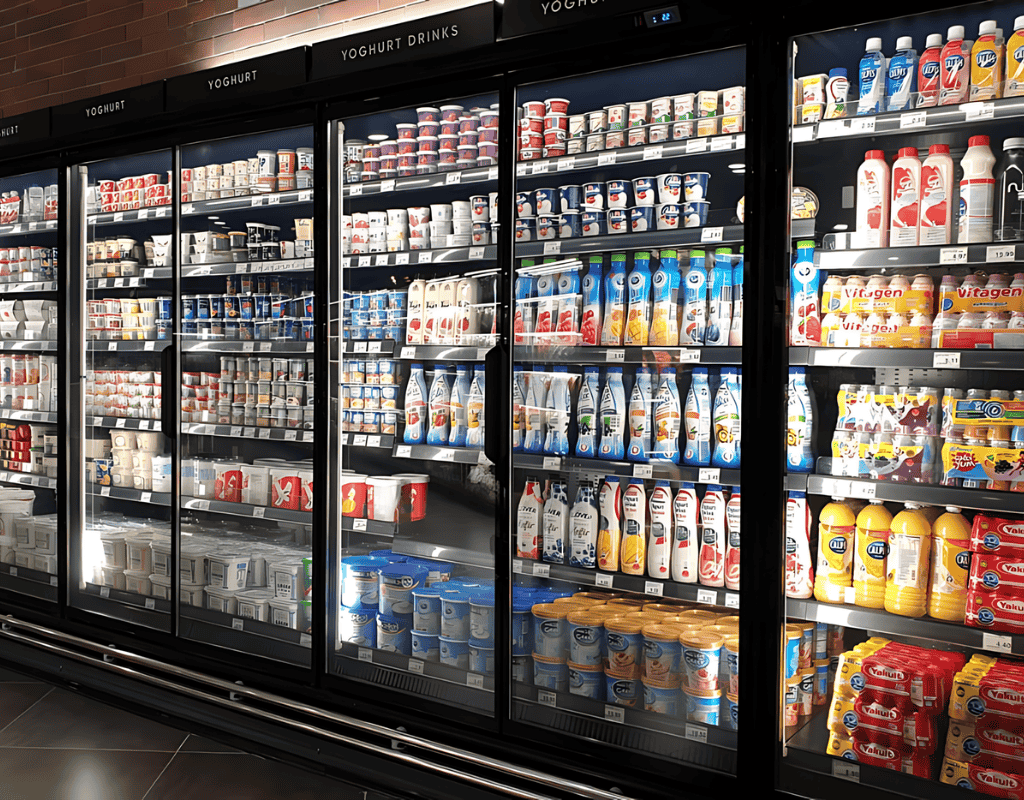 A row of glass-door refrigerated cases stocked with yogurt drinks and dairy products in a retail setting.