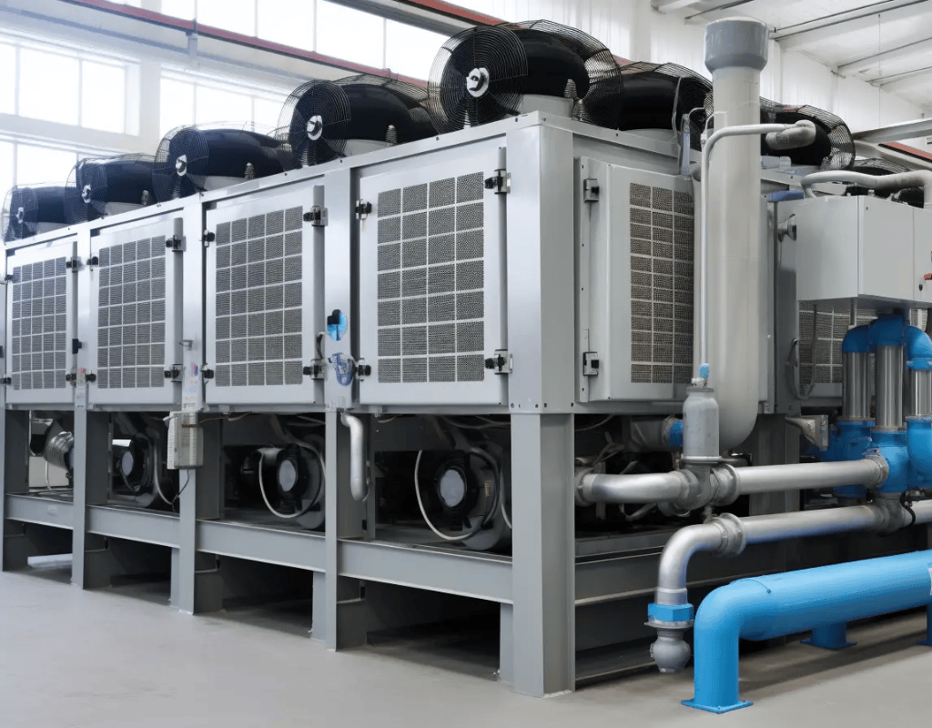 Large industrial refrigeration condensing units with multiple fans and piping outdoors at a Southern New England facility.