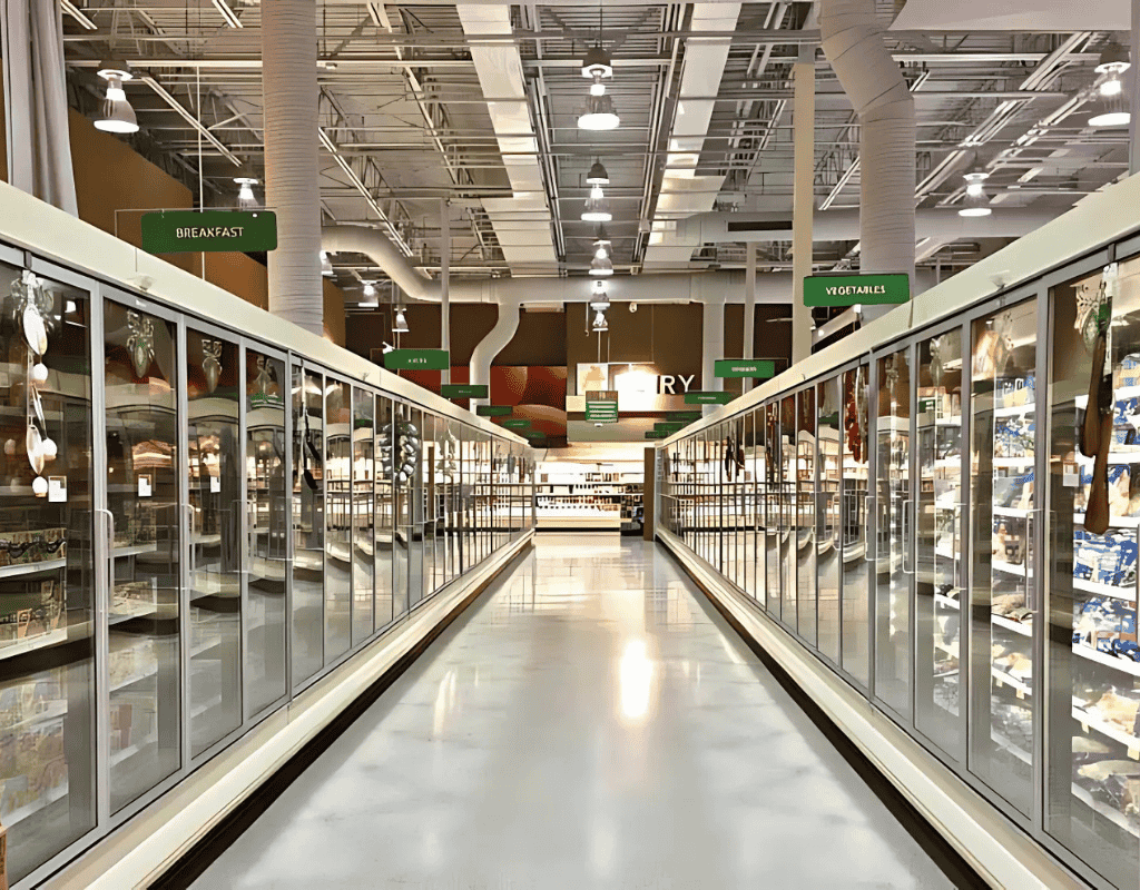 Long grocery store aisle lined with specialized refrigerated display cases in a Southern New England market.