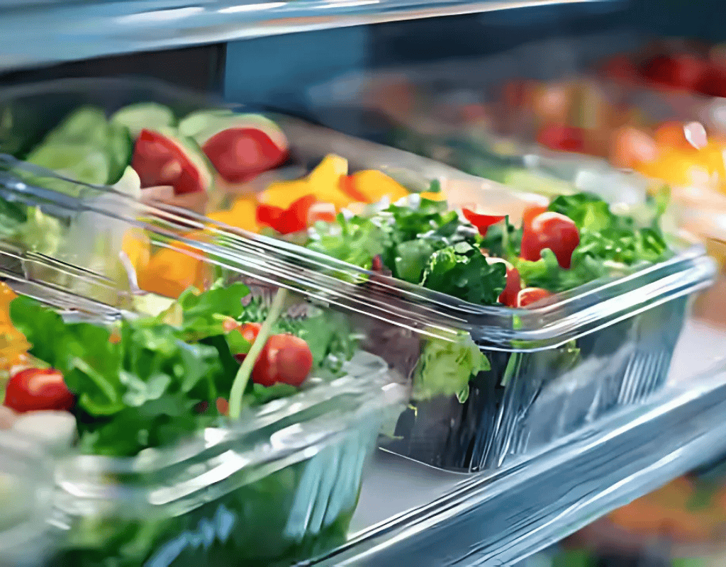 Custom refrigerated display shelving holding packaged salads and deli items in a Southern New England specialty market.